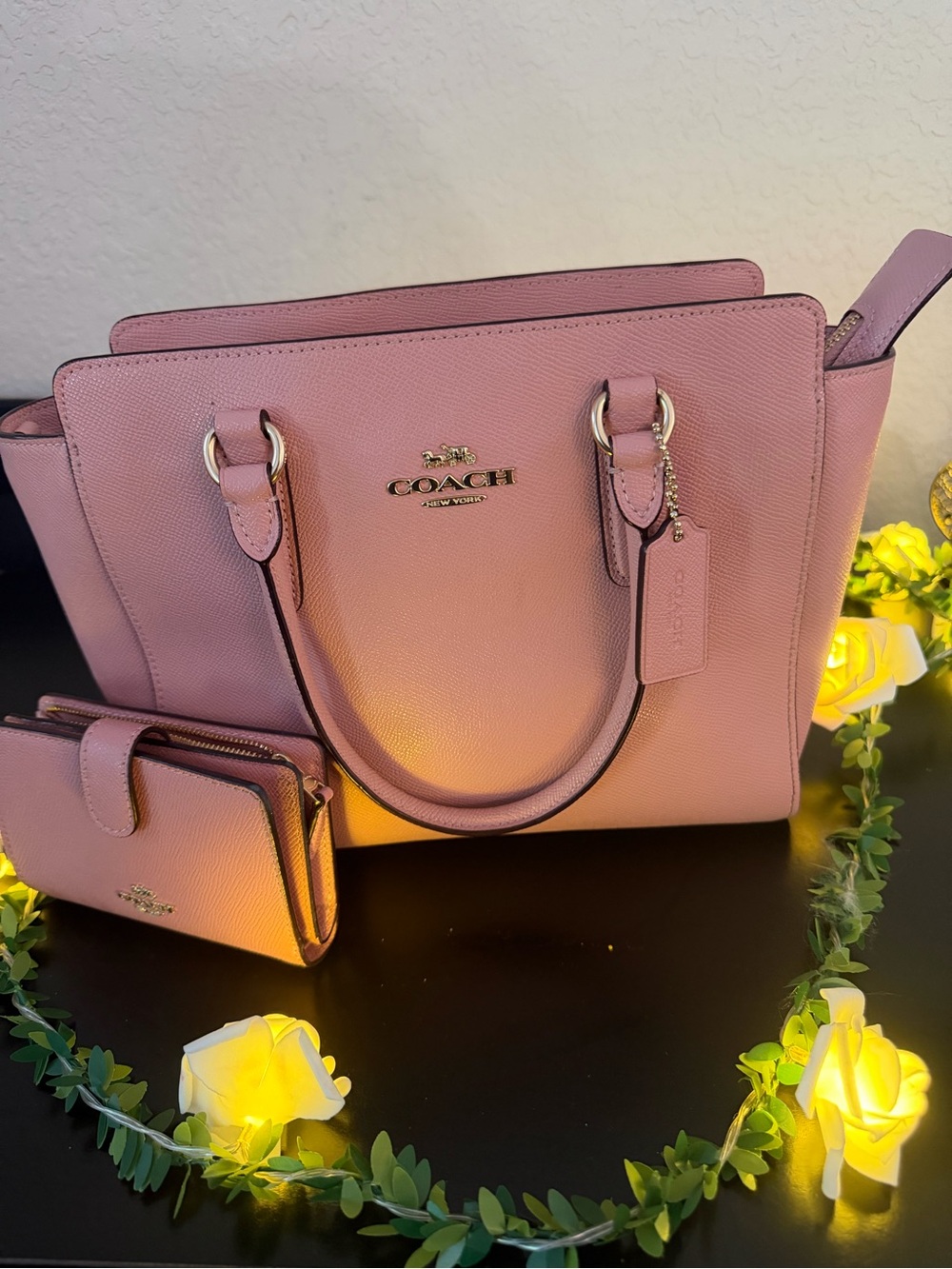 Coach Pink Saffiano Leather Satchel with Matching Wallet